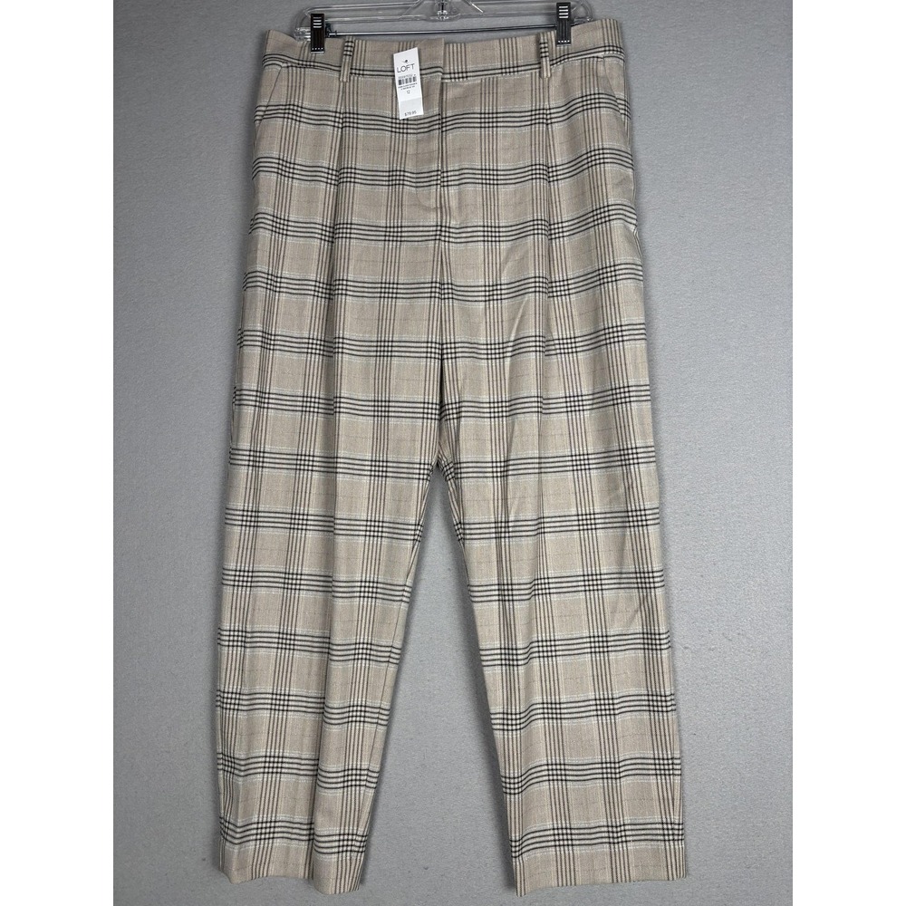 LOFT Pants Womens 12 Beige Plaid Twill Straight Leg Lined Stretch Dress Career